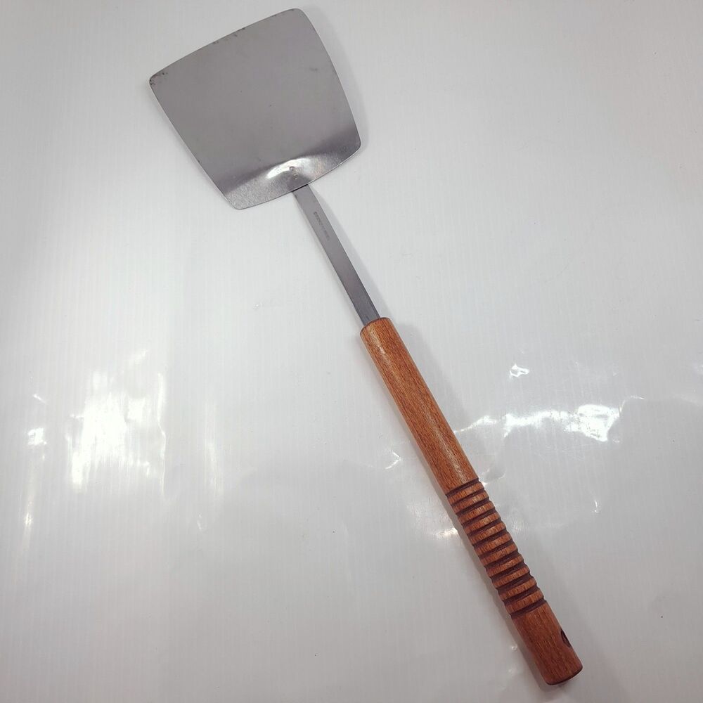 Vintage stainless steel spatula USA flipper turner ribbed wood handle bbq grill